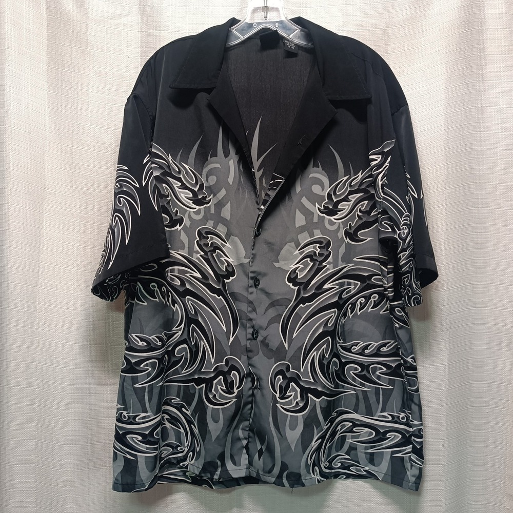 Vtg Y2K Amplify Black‎ Gray Tribal Dragon All Over Print Men's L 90s Hip Hop